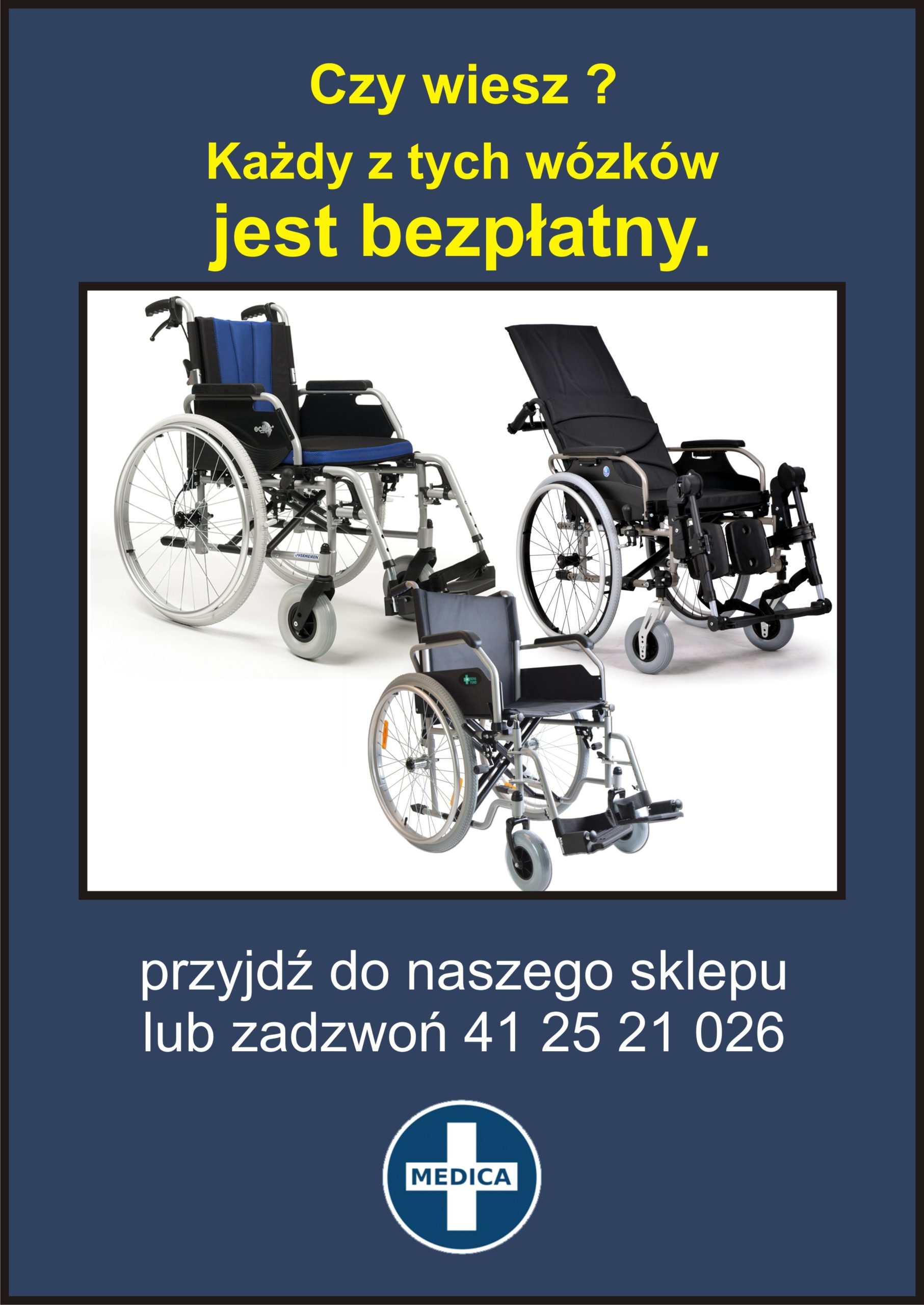 Zdjęcie wózka inwalidzkiego oraz napis: czy wiesz że każdy z tych wózków jest bezpłatny